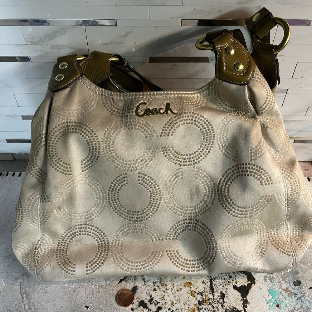 Coach Beige and Olive Patterned Shoulder Bag